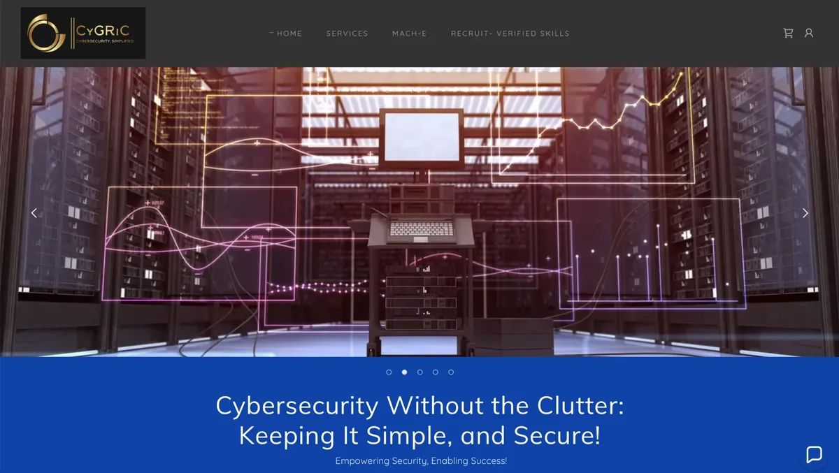 The home page of cygric.com: a navigation bar, a large banner image and a headline on a blue panel.