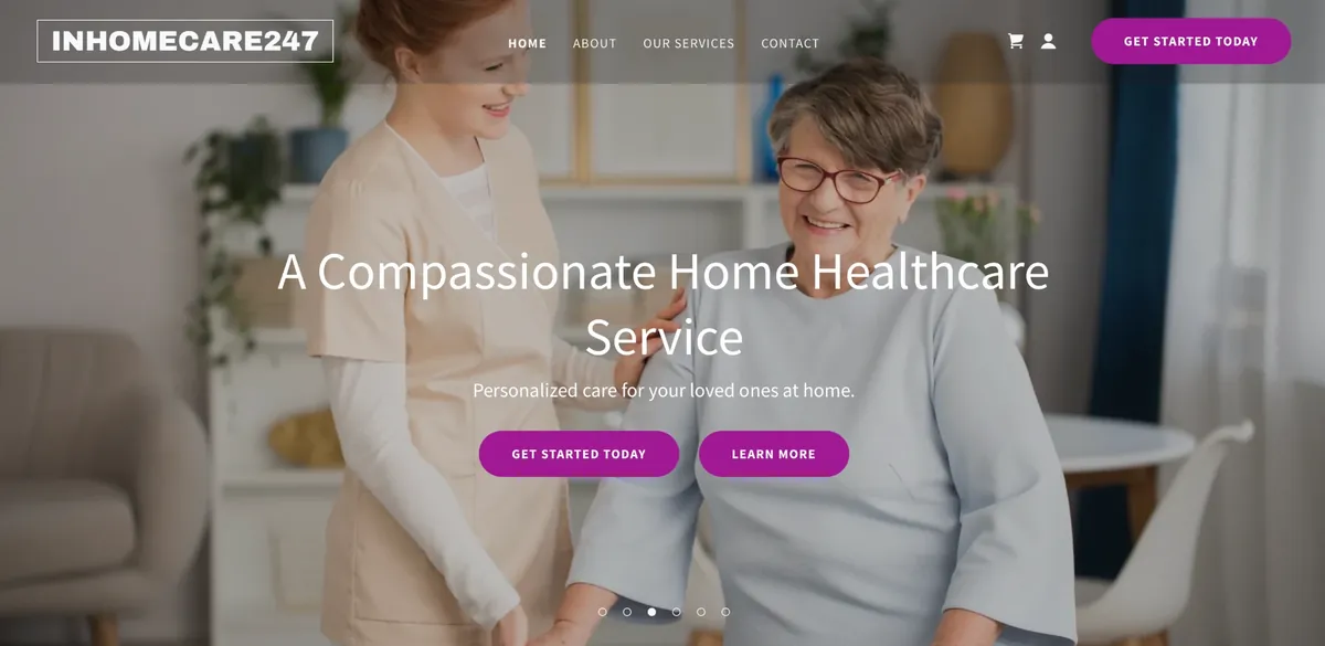 The home page of thelcare.com: a headline, two buttons and a navigation bar over a photograph.